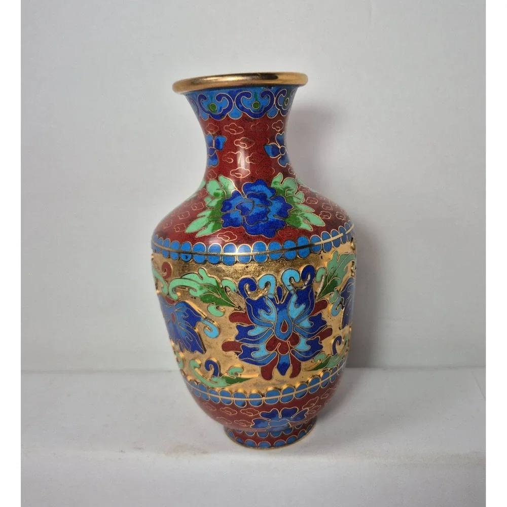 Vintage Chinese Jingfa Cloisonné Bud Vase Blue Aqua Rust Green Deep Cut 5.5